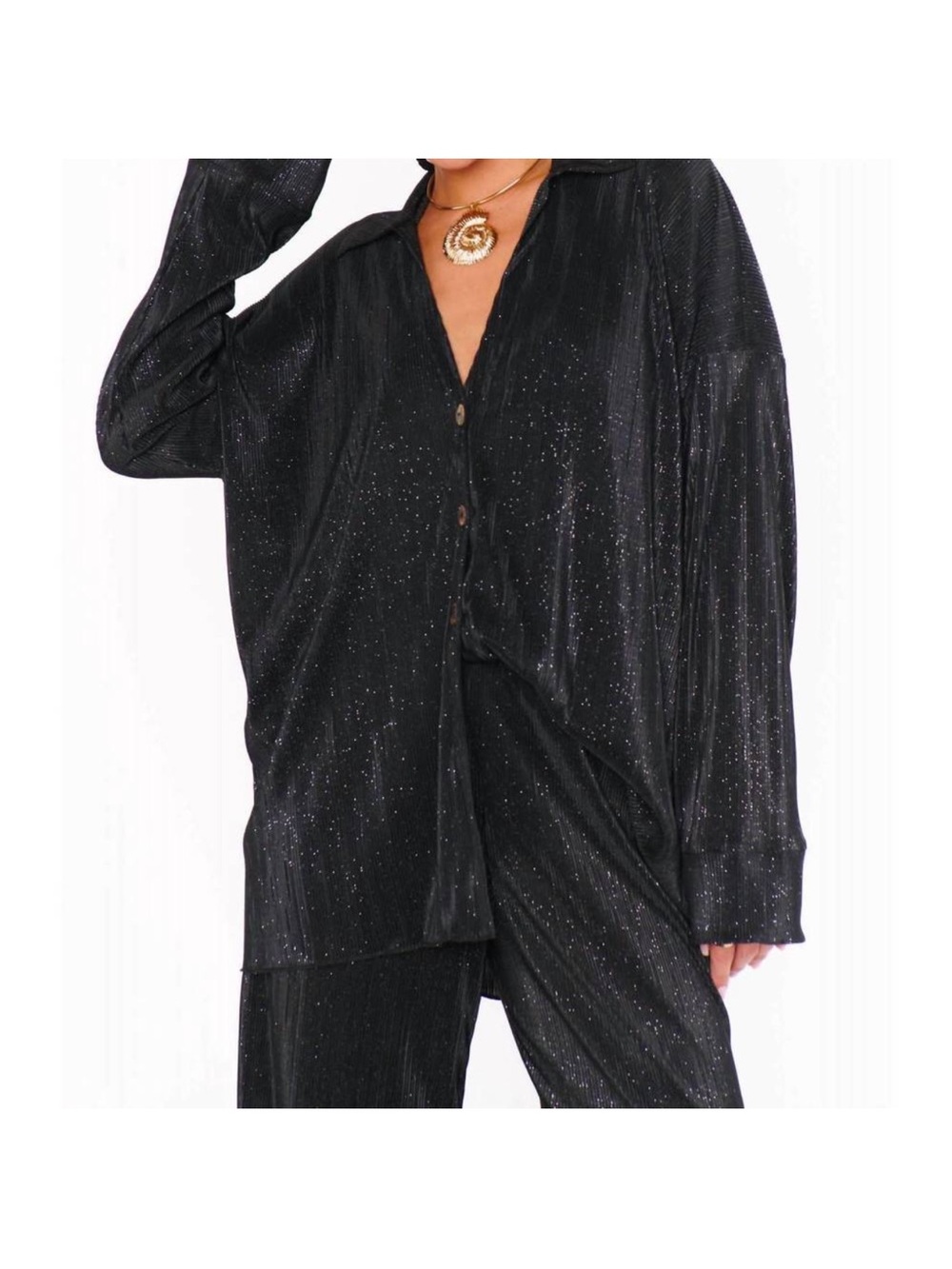 Show Me Your Mumu Shimmery Black Button-Up Top AND Pants